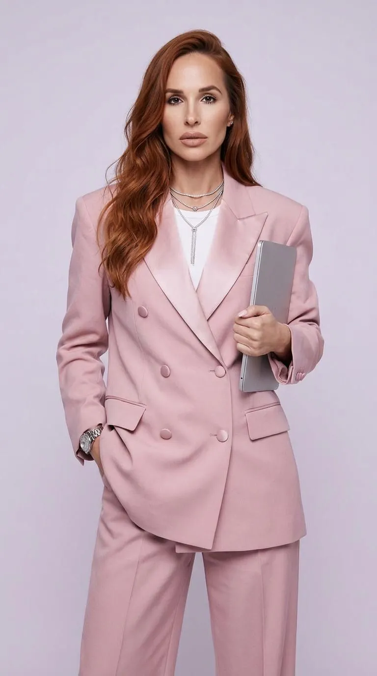 Brooke in a polished pink tailored suit, holding a laptop