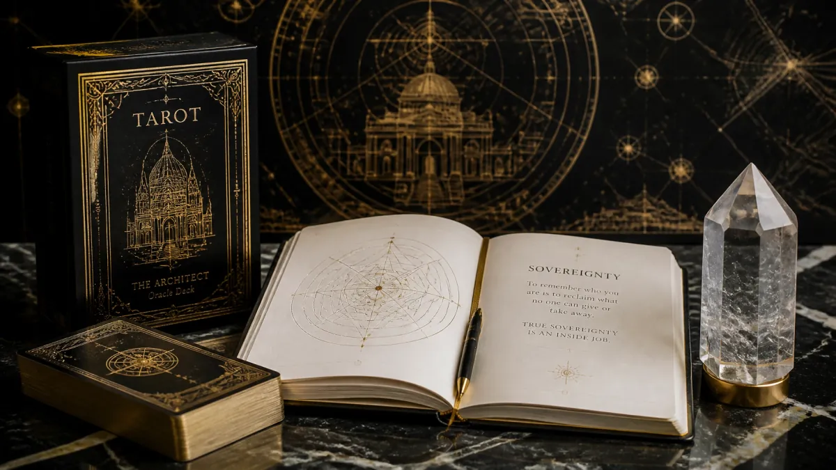 The Architect Oracle Deck and a sovereignty journal arranged on a marble desk