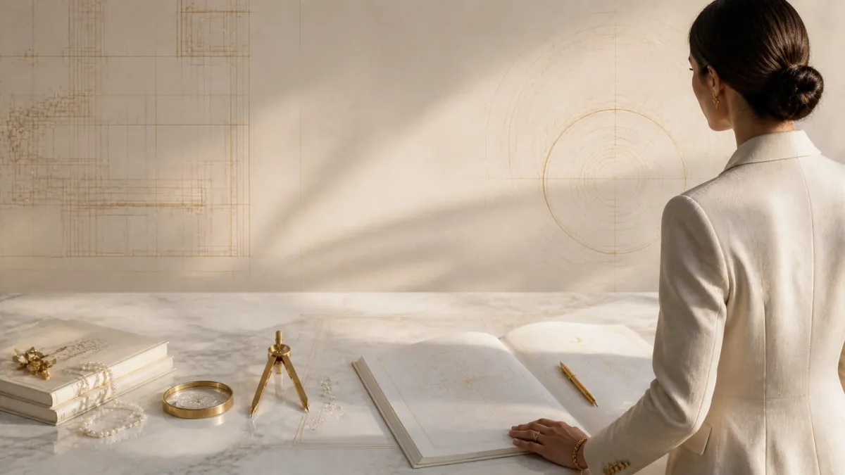 An executive woman standing at a marble desk with an architectural sovereignty record