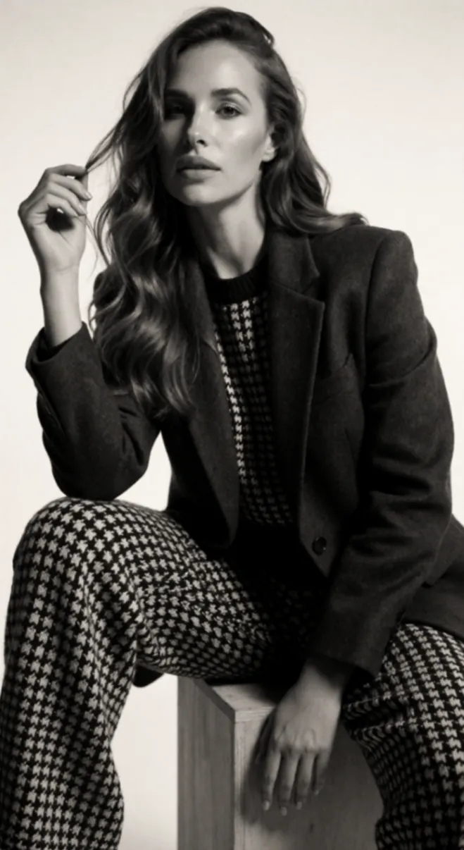 An editorial portrait of Brooke in a dark tailored suit