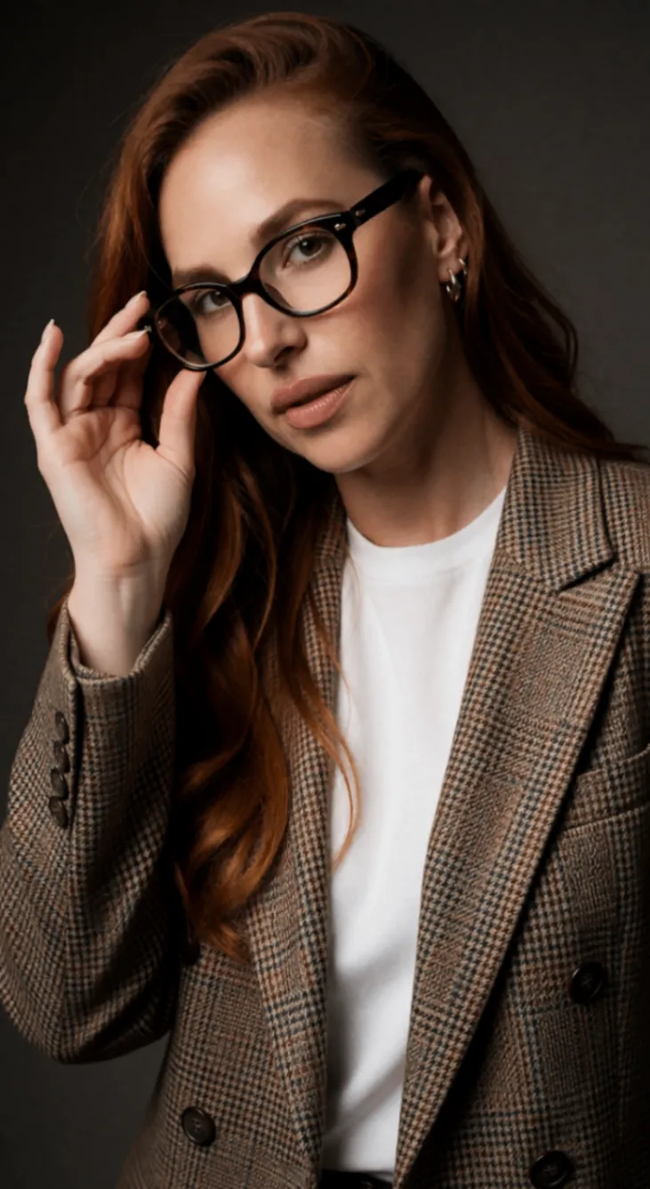A close portrait of Brooke in glasses and a tailored jacket
