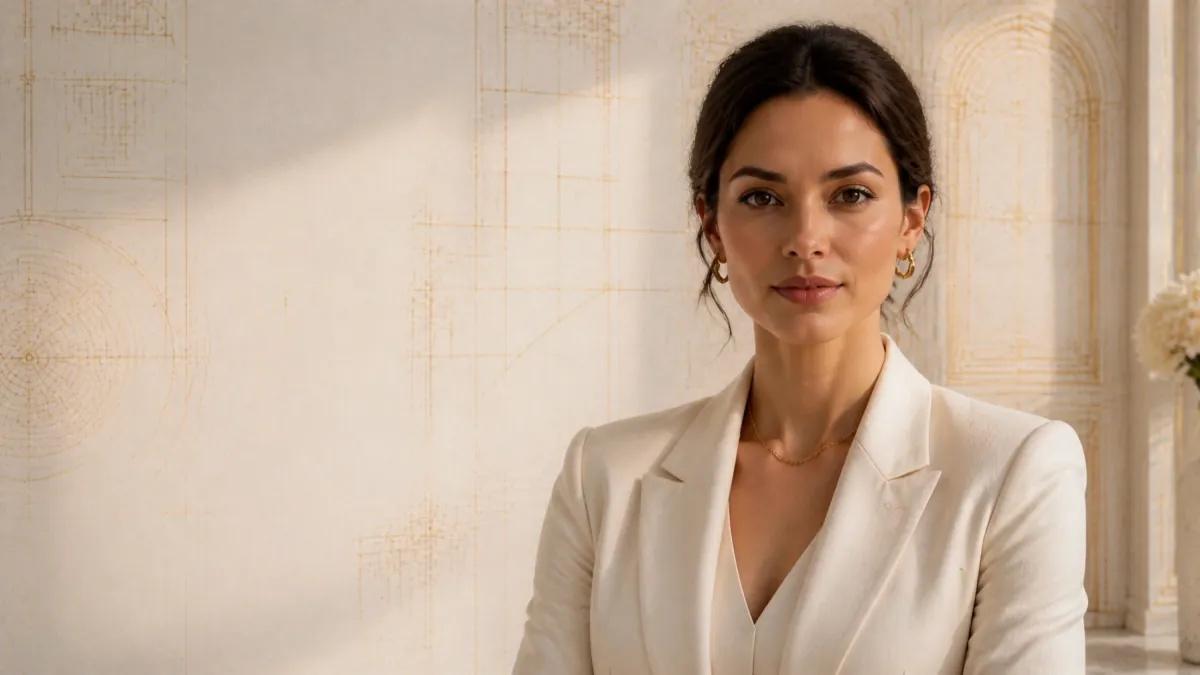 An executive woman in an ivory blazer writing in a journal
