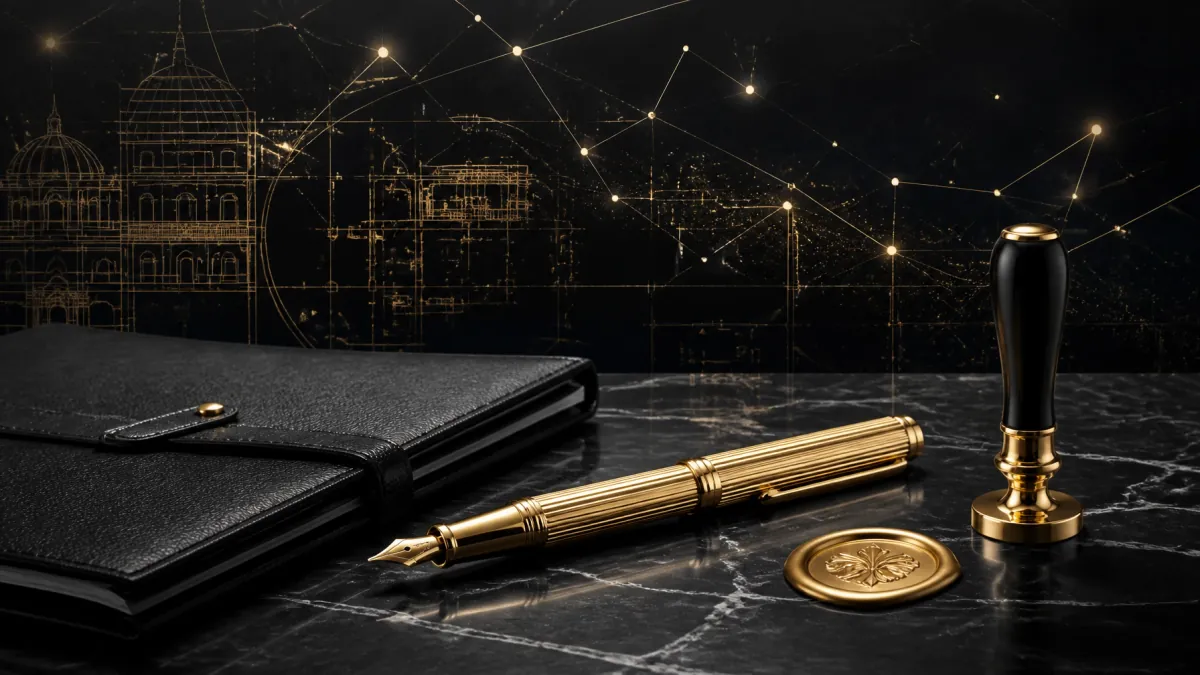 A leather ledger, gold pen, and executive seal arranged over architectural blueprints