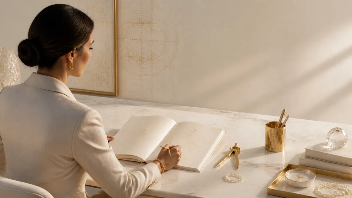 An executive woman studying an open blueprint journal at a marble desk