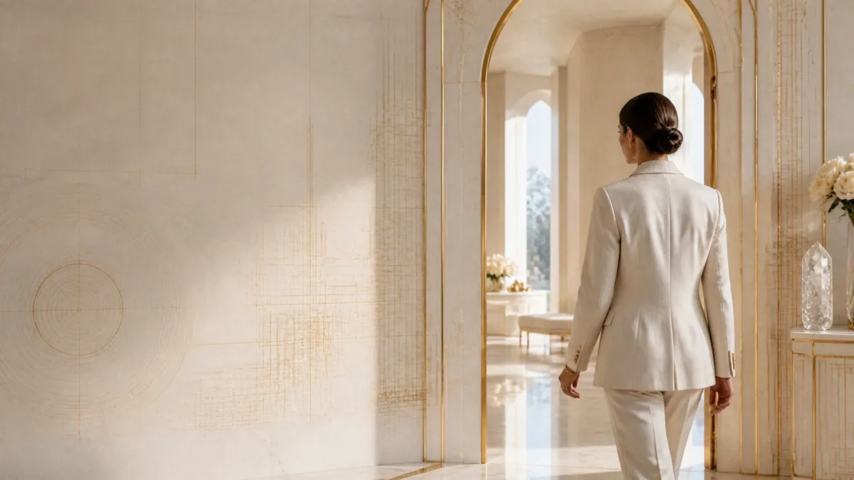 An executive woman in a champagne suit walking through a gold-trimmed marble archway