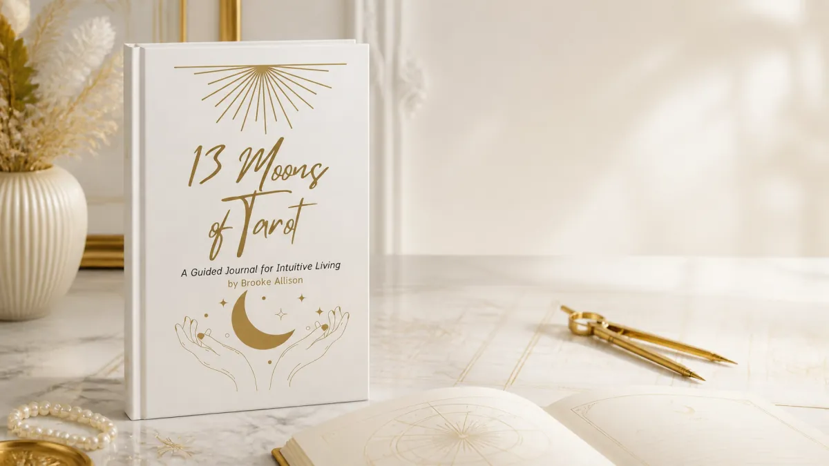 The 13 Moons journal and gold drafting tools arranged in a quiet luxury still life