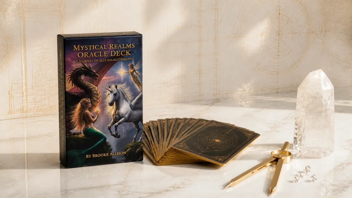 The Mystical Realms Oracle Deck, crystal, and drafting compass on a marble desk