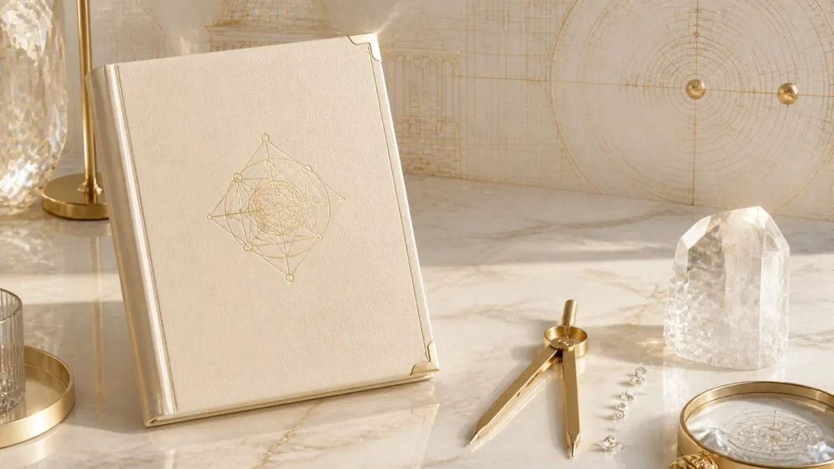 The Sovereign Blueprint journal with a drafting compass and crystal on a marble desk