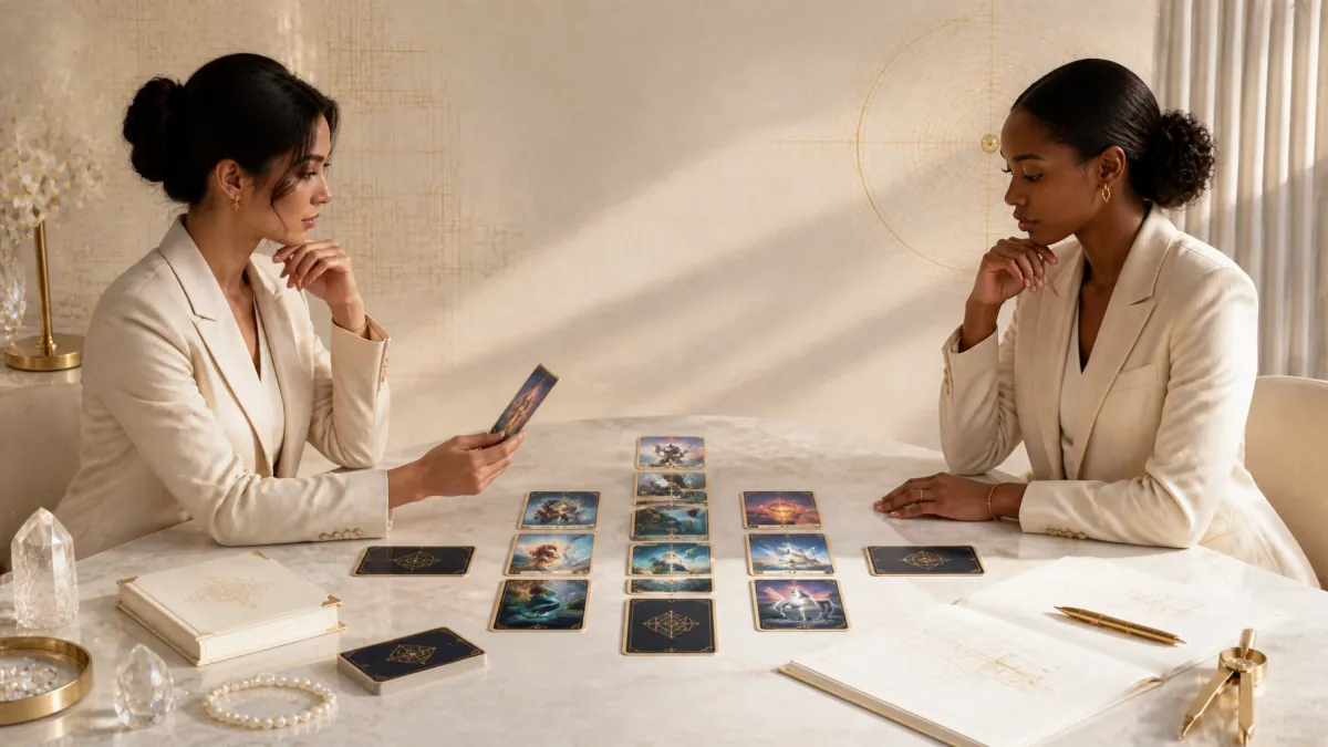 Two women using an oracle deck together in a structured strategy session