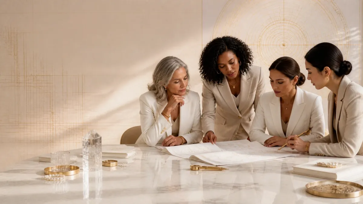 Four women collaborating over architectural plans in a quiet luxury boardroom